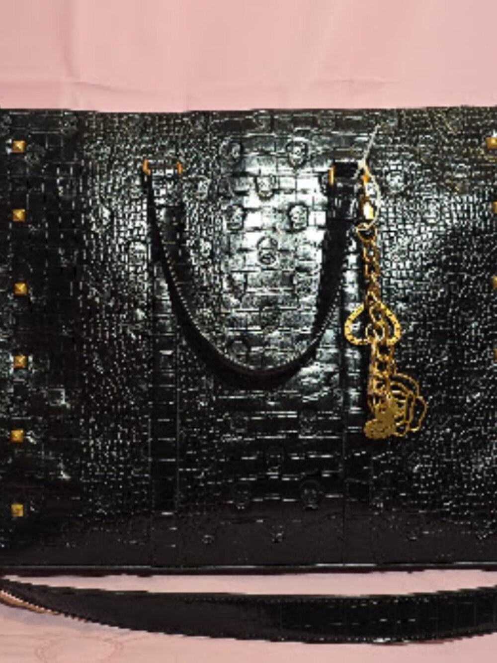 Betsey Johnson XOMATTIE Black Croc Embossed Skulls Tote Bag Studded Handbag